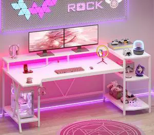 SEDETA White Gaming Desk 70.8'' with LED Lights and Storage Shelves, Computer Desk with Monitor Stand, Power Outlets and Cup Holder, Large PC Gamer Desk, Gaming Table for Bedroom, Living Room