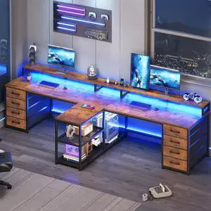 SEDETA 94.5" 2 Person Gaming Desk, Long Office Computer Desk with 8 Drawers & LED Lights, Two Person Desk with Storage, Power Strip & Monitor Stand for Home Office, Rustic Brown