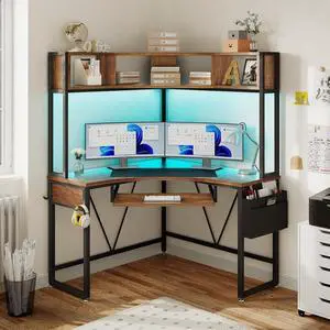 SEDETA Corner Desk, Small Computer Desk with Hutch & LED Lights, Triangle Corner Computer Desk with Keyboard Tray, Storage Bag, and Headphone Hook for Small Space, Home Office Desk, Rustic Brown