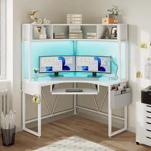SEDETA Corner Desk, Small Computer Desk with Hutch & LED Lights, Triangle Corner Computer Desk with Keyboard Tray, Storage Bag, and Headphone Hook for Small Space, Home Office Desk, White