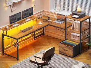 SEDETA Home Office Desk with File Drawer and Power Outlet, 51" Corner Computer Desk with Fabric Drawer and Storage Shelves, Corner Gaming Desk with LED Lights, Monitor Stand and Hooks, Rustic Brown SEDETA Home Office Desk with File Drawer and Power Outlet, 51" Corner Computer Desk with Fabric Drawer and Storage Shelves, Corner Gaming Desk with LED Lights, Monitor Stand and Hooks, Rustic Brown