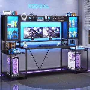 SEDETA Gaming Desk 74.8'' with LED Lights, Hutch and Storage Shelves, Computer Desk with Monitor Stand, Large PC Gamer Desk Workstation, Ergonomic Gaming Table for Bedroom, Living Room, Black