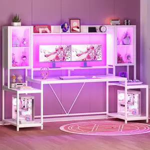 SEDETA Gaming Desk 74.8'' with LED Lights, Hutch and Storage Shelves, Computer Desk with Monitor Stand, Large PC Gamer Desk Workstation, Ergonomic Gaming Table for Bedroom, Living Room, White