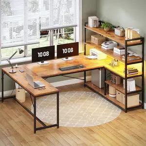 SEDETA L Shaped Desk with Storage Shelves, 63 Reversible U Shaped Office Desk, Gaming Desk with Power Outlet and LED Lights for Home Office, Rustic Brown SEDETA L Shaped Desk with Storage Shelves, 63 Reversible U Shaped Office Desk, Gaming Desk with Power Outlet and LED Lights for Home Office, Rustic Brown