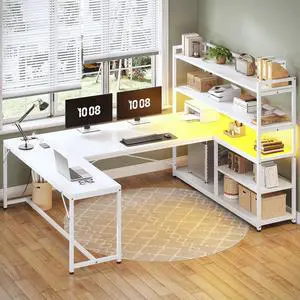 SEDETA L Shaped Computer Desk, 63 Reversible Office Desk or Corner Desk with Storage Shelves, White Gaming Desk with LED Lights, Power Outlet SEDETA L Shaped Computer Desk, 63 Reversible Office Desk or Corner Desk with Storage Shelves, White Gaming Desk with LED Lights, Power Outlet