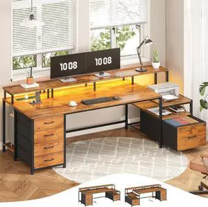 SEDETA Home Office Desk with File Drawer & Power Outlet, 75'' Large Computer Desk with 5 Drawer, Storage Shelves, Monitor Shelf and Led Lights, 23.6" W Desktop Gaming Desk, Rustic Brown