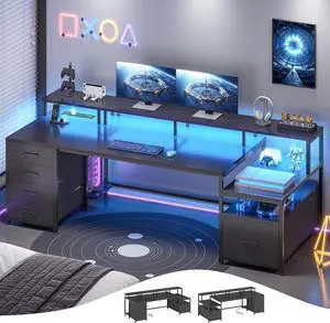 SEDETA 75'' Computer Desk with 5 Drawer, Power Outlet & Led Lights, Home Office Desk with File Drawer, Storage Shelves, Printer Cabinet and Monitor Shelf, 23.6" W Large Desktop Gaming Desk, Black