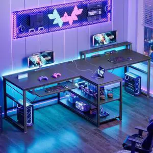 SEDETA 94.5" Gaming Computer Desk, 2 Person Office Desk with Storage, LED Lights, Power Strip, Long Desks with Keyboard Tray & Monitor Stand for Home Office, Carbon Fiber Black