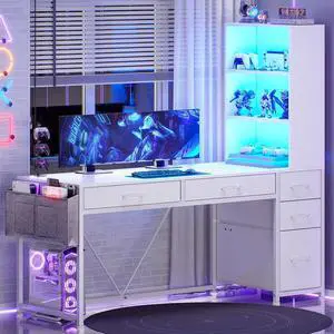SEDETA Computer Desk with 5 Drawers and Bookshelf, Reversible Home Office Desk with Storage Shelves and File Drawer, Gaming Desk with LED Lights for Small Spaces, White
