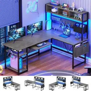 SEDETA L Shaped Gaming Desk with Hutch, 57.5 Reversible Home Office Desk with Power Outlet and Pegboard, Gaming Computer Desk with Keyboard Tray and LED Lights and Storage, Grey