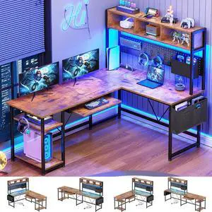 SEDETA L Shaped Gaming Desk with Hutch, 57.5 Reversible Corner Computer Desk with Storage Shelves, Gaming Desk with Pegboard, LED Lights, Power Outlet, Keyboard Tray (Rustic Brown)