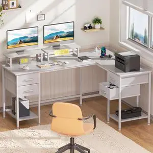 Satifur 59" L-Shaped Desk with Power Outlets, 4 Fabric Drawers & 2 Monitor Stands, Convertible Two Person Home Office Desk,White Satifur 59" L-Shaped Desk with Power Outlets, 4 Fabric Drawers & 2 Monitor Stands, Convertible Two Person Home Office Desk,White