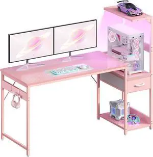 Casaottima 54 Inch Gaming Desk with Storage & LED Lights, Reversible Computer Desk with Display Shelves & Fabric Drawer, Modern Gamer Desk Table with Side Headphone Hook, Carbon Fiber Pink Casaottima 54 Inch Gaming Desk with Storage & LED Lights, Reversible Computer Desk with Display Shelves & Fabric Drawer, Modern Gamer Desk Table with Side Headphone Hook, Carbon Fiber Pink
