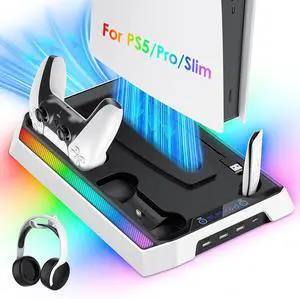 PS5/Slim/Pro Cooling Station, RGB P5 Controller Charger for PS5 Accessories, Ultra Quiet Cooling Fan for PS5 Digital/Disc Console, with 3 Level Fan, 4 USB Hub PS5/Slim/Pro Cooling Station, RGB P5 Controller Charger for PS5 Accessories, Ultra Quiet Cooling Fan for PS5 Digital/Disc Console, with 3 Level Fan, 4 USB Hub