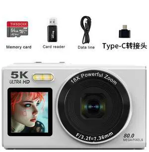 5K HD Dual Screen WiFi Digital Camera Portable Card Camera for Vlogging, Campus & Travel white 64G + card reader + Type-C adapter 5K HD Dual Screen WiFi Digital Camera Portable Card Camera for Vlogging, Campus & Travel white 64G + card reader + Type-C adapter