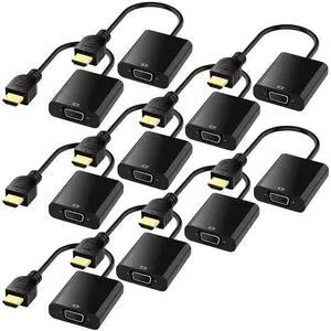 10-Pack Active HDMI to VGA Adapter with Audio, Gold-Plated Male to Female Converter, Micro USB Power & 3.5mm Audio Cable, Black for PS4, MacBook, PC, Monitor, Projector 10-Pack Active HDMI to VGA Adapter with Audio, Gold-Plated Male to Female Converter, Micro USB Power & 3.5mm Audio Cable, Black for PS4, MacBook, PC, Monitor, Projector