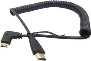 90° Right Angle Mini HDMI to HDMI Coiled Cable, Gold-Plated Male to Male Adapter, Supports 3D / 1080P, Adjustable Length 1.510ft 90° Right Angle Mini HDMI to HDMI Coiled Cable, Gold-Plated Male to Male Adapter, Supports 3D / 1080P, Adjustable Length 1.510ft