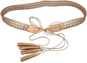 Women Beige Faux Leather Lace Tassel Belt 175cm Hollow Tie Waist Rope Figure Enhancing Waistband for Dress Sweater Decor Women Beige Faux Leather Lace Tassel Belt 175cm Hollow Tie Waist Rope Figure Enhancing Waistband for Dress Sweater Decor