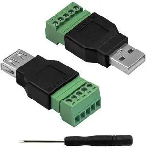 USB 2.0 A Screw Terminal Block Connector 2-Pack, USB A Male Female Plug to 5 Pin Way Screw Terminal Breakout Board Converter Adapter USB 2.0 A Screw Terminal Block Connector 2-Pack, USB A Male Female Plug to 5 Pin Way Screw Terminal Breakout Board Converter Adapter