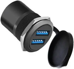 Dual USB 3.0 Panel Mount Adapter, Black Threaded Round Connector with Waterproof Dust Cover, 2 Female to 2 Female Ports, 5Gbps Data Transfer & 5V 2A Charging, 1-Pack Dual USB 3.0 Panel Mount Adapter, Black Threaded Round Connector with Waterproof Dust Cover, 2 Female to 2 Female Ports, 5Gbps Data Transfer & 5V 2A Charging, 1-Pack