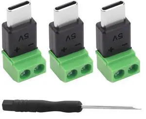 3-Pack USB Type-C Screw Terminal Adapter, USB C Male Plug to 2 Pin Solderless Connector, 5V 1.5A Power Charging Terminal Block for DIY Repair and Power Supply 3-Pack USB Type-C Screw Terminal Adapter, USB C Male Plug to 2 Pin Solderless Connector, 5V 1.5A Power Charging Terminal Block for DIY Repair and Power Supply