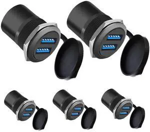 Dual USB 3.0 Threaded Round Panel Mount Adapter, 2 Female to 2 Female Ports with Waterproof Dust Cover, 5Gbps Data Transfer 5V 2A Charging, 5-Pack Black Dual USB 3.0 Threaded Round Panel Mount Adapter, 2 Female to 2 Female Ports with Waterproof Dust Cover, 5Gbps Data Transfer 5V 2A Charging, 5-Pack Black
