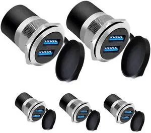 Dual USB 3.0 Threaded Round Panel Mount Adapter, 2 Female to 2 Female Ports with Waterproof Dust Cover, 5Gbps Data Transfer 5V 2A Charging, 5-Pack Silver Dual USB 3.0 Threaded Round Panel Mount Adapter, 2 Female to 2 Female Ports with Waterproof Dust Cover, 5Gbps Data Transfer 5V 2A Charging, 5-Pack Silver