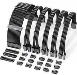 12 Inch Black Nylon Braided PSU Extension Cable Kit 18AWG, Pre-Bent Design with Dual Cable Combs, 24Pin ATX + EPS + PCIe Power Cord Set 12 Inch Black Nylon Braided PSU Extension Cable Kit 18AWG, Pre-Bent Design with Dual Cable Combs, 24Pin ATX + EPS + PCIe Power Cord Set