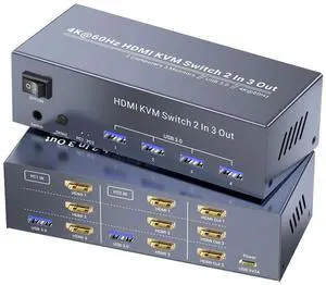 2 Port Triple Monitor HDMI KVM Switch 4K@60Hz, 2 Computers Share 3 Monitors & 4 USB 3.0 Ports, Single Set Keyboard Mouse Control KVM Switcher 2 Port Triple Monitor HDMI KVM Switch 4K@60Hz, 2 Computers Share 3 Monitors & 4 USB 3.0 Ports, Single Set Keyboard Mouse Control KVM Switcher