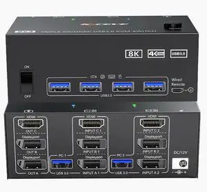 2 Computers Triple Monitor KVM Switch 8K@60Hz 4K@144Hz, 1 HDMI + 2 DisplayPort KVM Switcher with 4 USB3.0 Ports, Include HDMI DP USB Cables & Wired Controller 2 Computers Triple Monitor KVM Switch 8K@60Hz 4K@144Hz, 1 HDMI + 2 DisplayPort KVM Switcher with 4 USB3.0 Ports, Include HDMI DP USB Cables & Wired Controller