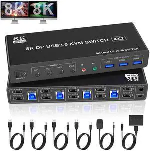 4 Port Dual Monitor DisplayPort 1.4 KVM Switch 8K@60Hz, USB3.0 4 In 2 Out DP KVM Switcher with Audio Microphone & 3 USB3.0 Ports for 4 PCs Share 2 Displays 4 Port Dual Monitor DisplayPort 1.4 KVM Switch 8K@60Hz, USB3.0 4 In 2 Out DP KVM Switcher with Audio Microphone & 3 USB3.0 Ports for 4 PCs Share 2 Displays