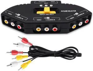 3Way RCA AV Audio Video Switcher Splitter, 3 in 1 Out Composite AV RCA Game Selector Box Converter with AV Cable, Compatible with Xbox, DVD, PS3, HDTV 3Way RCA AV Audio Video Switcher Splitter, 3 in 1 Out Composite AV RCA Game Selector Box Converter with AV Cable, Compatible with Xbox, DVD, PS3, HDTV