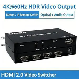 4K@60Hz 4x1 HDMI 2.0 Switch with Audio Extractor,4 Input 1 Output HDMI Video Switcher,Optical SPDIF & 3.5mm R/L Audio,HDCP2.2 HDR 18Gbps,IR Remote for PS5,Xbox,Switch,Fire Stick,TV,Monitor,Projector 4K@60Hz 4x1 HDMI 2.0 Switch with Audio Extractor,4 Input 1 Output HDMI Video Switcher,Optical SPDIF & 3.5mm R/L Audio,HDCP2.2 HDR 18Gbps,IR Remote for PS5,Xbox,Switch,Fire Stick,TV,Monitor,Projector
