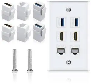 6 Port Keystone Wall Plate, White Faceplate, 2 HDMI + 2 Cat6 RJ45 Ethernet + 2 USB 3.0 Female to Female Jack, Multi-Port Wall Outlet for Home & Office Cable Wiring 6 Port Keystone Wall Plate, White Faceplate, 2 HDMI + 2 Cat6 RJ45 Ethernet + 2 USB 3.0 Female to Female Jack, Multi-Port Wall Outlet for Home & Office Cable Wiring