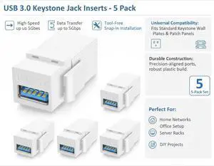 USB 3.0 Keystone Jack Inserts, Snap-In Insert Module for Keystone Wall Plates, 5 Pack USB 3.0 Keystone Jack Inserts, Snap-In Insert Module for Keystone Wall Plates, 5 Pack