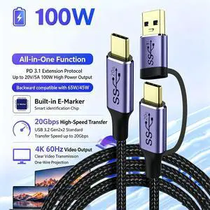 2 in 1 Straight Dual-Plug USB3.2 Gen2x2 Type-C to Type-C Cable, 0.5M (19.7 Inch), 100W PD Fast Charging, 20Gbps Data Transfer, 4K 60Hz Video Output with Detachable USB-A Adapter 2 in 1 Straight Dual-Plug USB3.2 Gen2x2 Type-C to Type-C Cable, 0.5M (19.7 Inch), 100W PD Fast Charging, 20Gbps Data Transfer, 4K 60Hz Video Output with Detachable USB-A Adapter