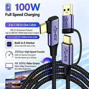 2 in 1 L-shaped USB3.2 Gen2x2 Type-C to Type-C Cable, 0.25M (9.8 Inch), 100W PD Fast Charging, 20Gbps Data Transfer, 4K 60Hz Video Output with Detachable USB-A Adapter 2 in 1 L-shaped USB3.2 Gen2x2 Type-C to Type-C Cable, 0.25M (9.8 Inch), 100W PD Fast Charging, 20Gbps Data Transfer, 4K 60Hz Video Output with Detachable USB-A Adapter