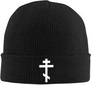 Russian Greek Byzantine Orthodox Cross Knit Beanie Hat Warm Winter Hats Cuffed Beanies Watch Hat for Men Women