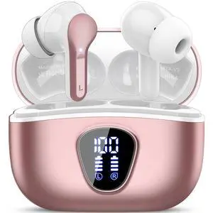 Wireless Earbuds, Bluetooth 5.4 Headphones HiFi Stereo, Earbuds with ENC Noise Cancelling Mic, IP7 Waterproof in Ear Earphones, 48H, LED Display Ear buds for Pad Workout Sports, Rose Gold Wireless Earbuds, Bluetooth 5.4 Headphones HiFi Stereo, Earbuds with ENC Noise Cancelling Mic, IP7 Waterproof in Ear Earphones, 48H, LED Display Ear buds for Pad Workout Sports, Rose Gold