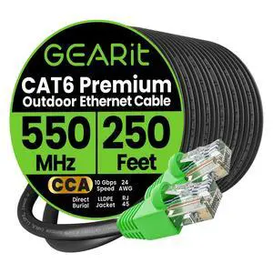 GEARit RJ45 Cat-6 Ethernet Patch Cable, 10Gpbs Transfer Speed, Gold-Plated Connectors, Copper Clad, Outdoor, UV Resistant, Direct Burial, Waterproof, Durable, 250 Foot (76.2 Meters), Black GEARit RJ45 Cat-6 Ethernet Patch Cable, 10Gpbs Transfer Speed, Gold-Plated Connectors, Copper Clad, Outdoor, UV Resistant, Direct Burial, Waterproof, Durable, 250 Foot (76.2 Meters), Black