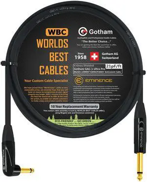 3 Foot - Gotham GAC-1 Ultra Pro - Premium, Low-Capacitance Guitar Bass Instrument Cable - with Straight to Angled 1/4 Inch Eminence Gold Plated Connectors 3 Foot - Gotham GAC-1 Ultra Pro - Premium, Low-Capacitance Guitar Bass Instrument Cable - with Straight to Angled 1/4 Inch Eminence Gold Plated Connectors