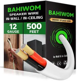 BAHIWOM 12 Gauge 500FT Speaker Wire CCA 2 Conductors Cord CL2 Rated Speaker Cable for Indoor,in-Wall,in-Ceiling,Home Theater & Commercial Audio with White PVC Jacket BAHIWOM 12 Gauge 500FT Speaker Wire CCA 2 Conductors Cord CL2 Rated Speaker Cable for Indoor,in-Wall,in-Ceiling,Home Theater & Commercial Audio with White PVC Jacket