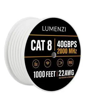Cat8 Ethernet Cable 1000ft Bulk Round, 22 AWG, Solid 100% Bare Copper, White, Up to 40Gbps, 2000MHz, S/FTP Shielded LAN Network Cable Spool, PoE Compatible for Indoor/Outdoor, Gaming, Router, Laptop Cat8 Ethernet Cable 1000ft Bulk Round, 22 AWG, Solid 100% Bare Copper, White, Up to 40Gbps, 2000MHz, S/FTP Shielded LAN Network Cable Spool, PoE Compatible for Indoor/Outdoor, Gaming, Router, Laptop
