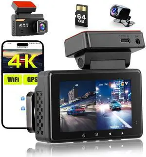 Dash Cam 4K Front and 1080P Rear Full HD Dash Camera for Cars with ADAS & Blind Spot Detection, Built-in GPS & WiFi, 3" IPS Screen, G-Sensor, Loop Recording, Free 64GB Card Included, Support 128GB Max Dash Cam 4K Front and 1080P Rear Full HD Dash Camera for Cars with ADAS & Blind Spot Detection, Built-in GPS & WiFi, 3" IPS Screen, G-Sensor, Loop Recording, Free 64GB Card Included, Support 128GB Max