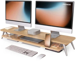 Fenge Dual Monitor Stand Riser, Wooden Desk Shelf with 2-Tier Storage Fenge Dual Monitor Stand Riser, Wooden Desk Shelf with 2-Tier Storage