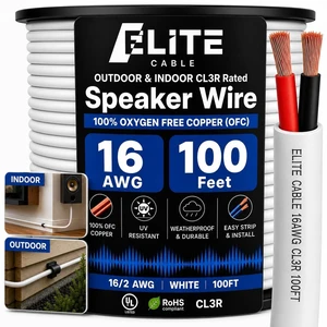 Elite 16/2 Speaker Wire 100ft, UL Listed, CMR/CL3R, (Riser/in-Wall & Outdoor/In-Ground (Direct Burial)- 100% Oxygen Free Pure Bare Copper (OFC), 16AWG/2-Conductor, 100ft Bulk Cable (65 Strands) White Elite 16/2 Speaker Wire 100ft, UL Listed, CMR/CL3R, (Riser/in-Wall & Outdoor/In-Ground (Direct Burial)- 100% Oxygen Free Pure Bare Copper (OFC), 16AWG/2-Conductor, 100ft Bulk Cable (65 Strands) White