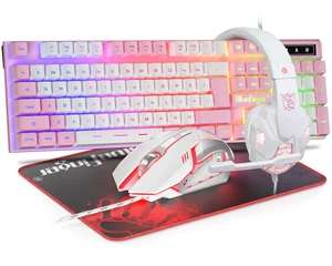 BlueFinger RGB Gaming Keyboard and Backlit Mouse and Headset Combo, USB Wired Backlit Keyboard, LED Gaming Mouse Set, Headset with Microphone for Laptop PC Computer Game and Work (Pink & White) BlueFinger RGB Gaming Keyboard and Backlit Mouse and Headset Combo, USB Wired Backlit Keyboard, LED Gaming Mouse Set, Headset with Microphone for Laptop PC Computer Game and Work (Pink & White)
