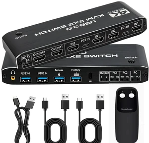Dual Monitor HDMI KVM Switch 2 Computers ^^ 4K@60Hz UHD, USB 3.0 Hub for Keyboard & Mouse, Hotkey/Panel/Remote Control, Extended/Mirror Display, 3.5mm Audio, EDID, HDCP 2.3, Plug & Play Dual Monitor HDMI KVM Switch 2 Computers ^^ 4K@60Hz UHD, USB 3.0 Hub for Keyboard & Mouse, Hotkey/Panel/Remote Control, Extended/Mirror Display, 3.5mm Audio, EDID, HDCP 2.3, Plug & Play