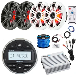 JBL Gauge Style Marine Digital Media Bluetooth Receiver, 4x 6.5" 195 Watt Peak Power Multicolor LED Speakers w/Charcoal and White Grilles, Wire, LED Remote, 4-Channel Amplifier w/Kit, USB/AUX Adapter JBL Gauge Style Marine Digital Media Bluetooth Receiver, 4x 6.5" 195 Watt Peak Power Multicolor LED Speakers w/Charcoal and White Grilles, Wire, LED Remote, 4-Channel Amplifier w/Kit, USB/AUX Adapter