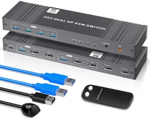 8K Displayport KVM Switch 2 Monitors 2 Computers 4K@120Hz DP KVM Switches Dual Monitor for 2 PC Sharing 2 Monitor of 1 Set Keyboard Mouse and USB Device with IR Controller 8K Displayport KVM Switch 2 Monitors 2 Computers 4K@120Hz DP KVM Switches Dual Monitor for 2 PC Sharing 2 Monitor of 1 Set Keyboard Mouse and USB Device with IR Controller